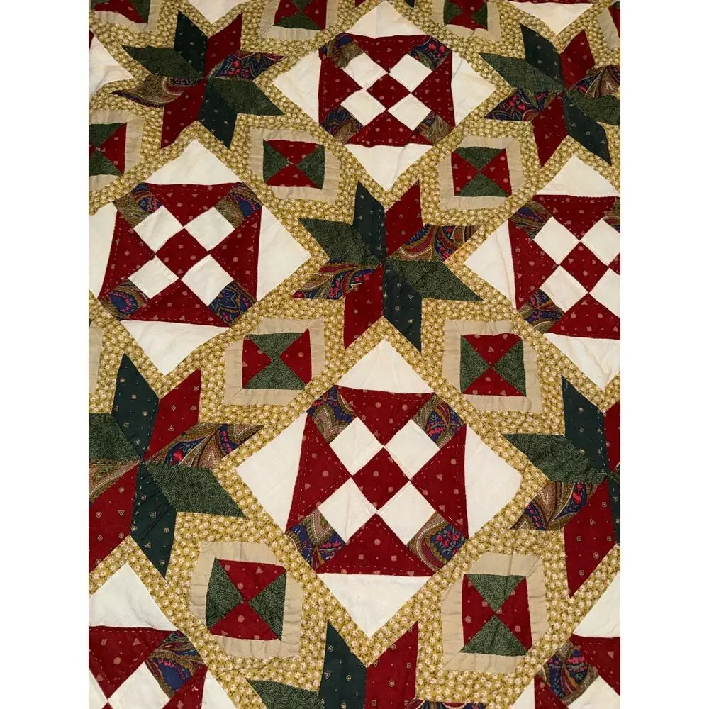 Handmade Vintage Cotton Quilted Ohio Star Patchwork Christmas Quilt Queen Size